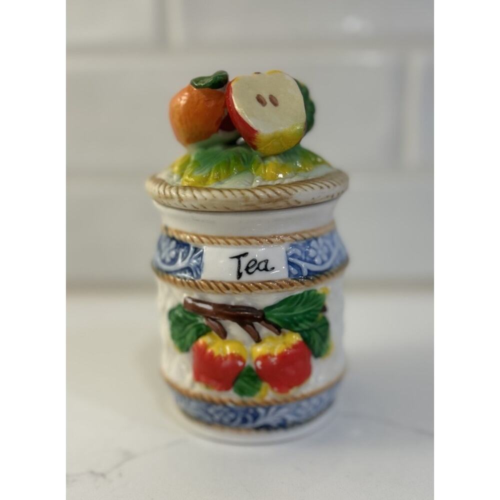Vintage Blue White Tea Jar 6”‎ Canister Fruits White Ceramic Chinoserrie Design